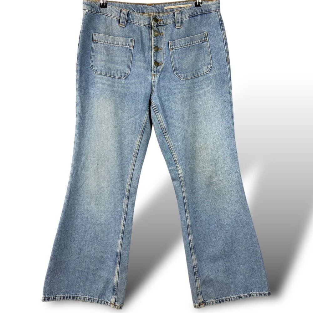 Zara Jeans Woman Sz 10 Medium Wash HighRise Flare Button Fly Patch Pocket Denim